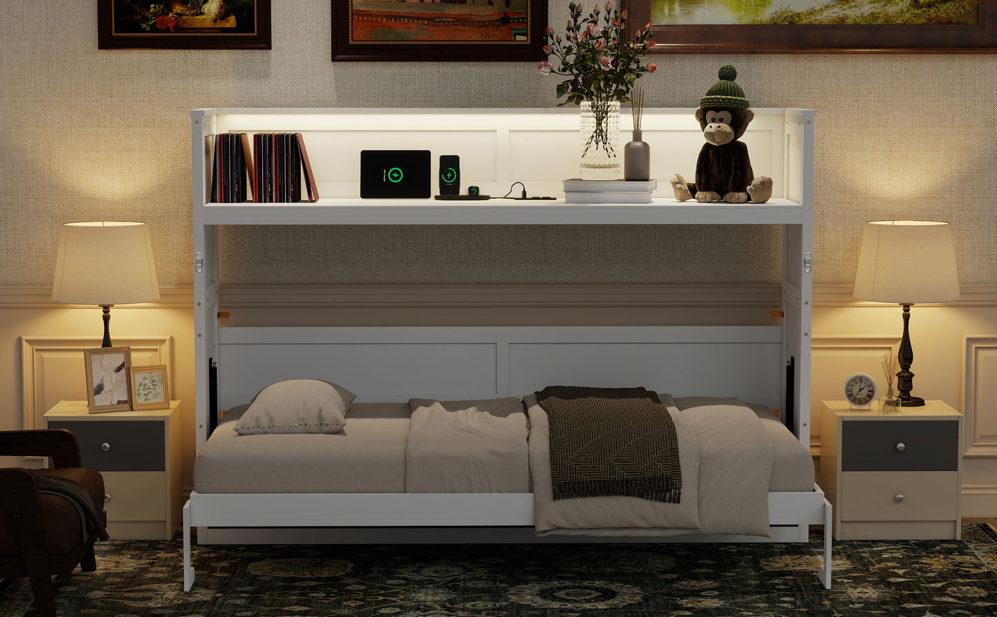 Twin XL Murphy Bed with Desk - White Solid Wood Frame for Bedroom