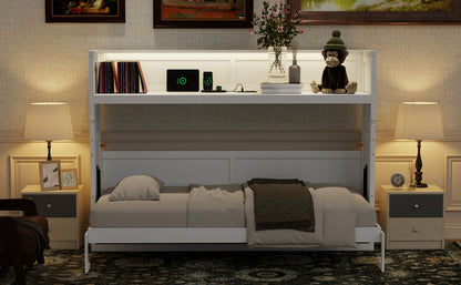 Twin XL Murphy Bed with Desk - White Solid Wood Frame for Bedroom
