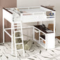 Queen Size Loft Bed with Desk,Open Shelf and a Storage Box,USB Charging Station,White