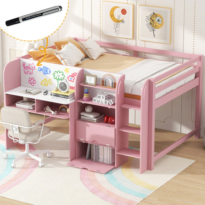 Full Size Low Loft Bed with Built-in Desk,Storage Cabinets and Open Bookcase,Whiteboard for Graffiti,Pink