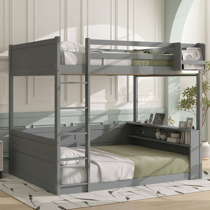 Queen Size Wooden Bunk Bed with Built-in Shelves,Storage Box,LED Light and USB Charging Station,Grey