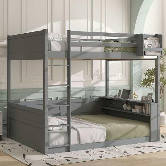 Queen Size Wooden Bunk Bed with Built-in Shelves,Storage Box,LED Light and USB Charging Station,Grey