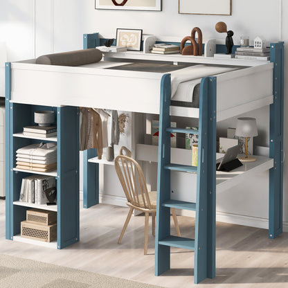 Full Size Wood Loft Bed with Built-in storage shelves, Clothes rails and desk, White+Blue