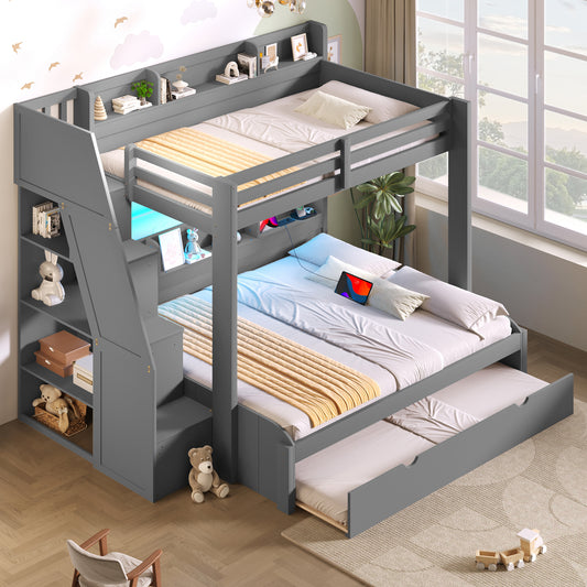 Twin over Full Bunk Bed with Storage Staircase,  Trundle, Storage Shelves, LED and USB, Grey