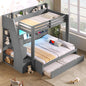 Twin over Full Bunk Bed with Storage Staircase,  Trundle, Storage Shelves, LED and USB, Grey