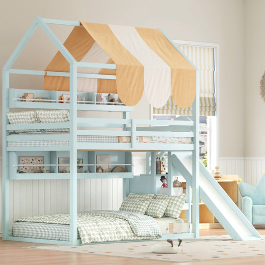 Full Size Bunk Bed with Canopy, Slide & Built-In Bookshelves, Light green