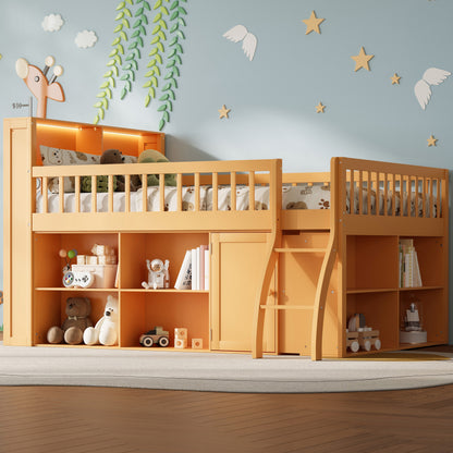 Natural Wood Loft Bed with LED Storage and Shelving for Kids Rooms for Bedroom