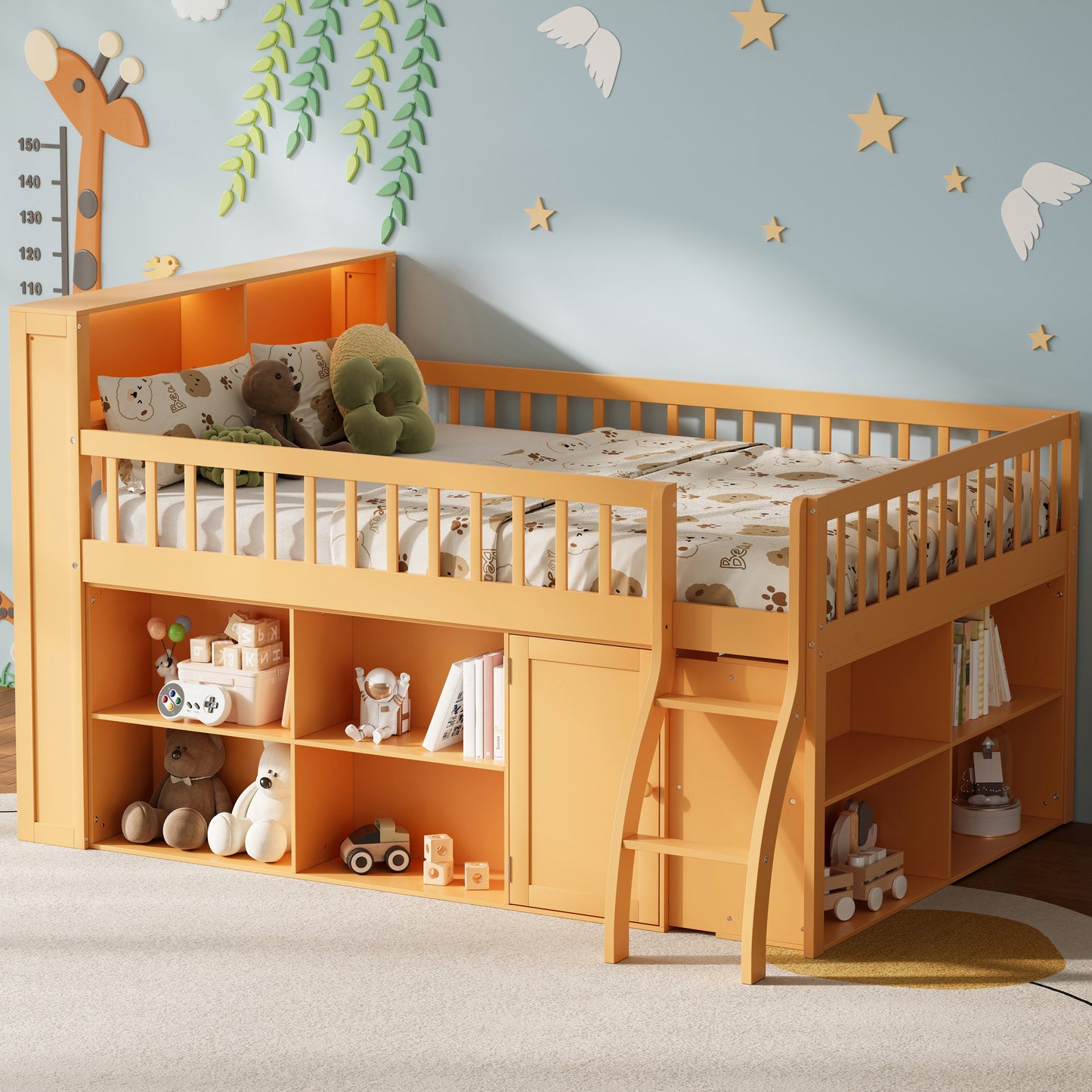 Natural Wood Loft Bed with LED Storage and Shelving for Kids Rooms for Bedroom