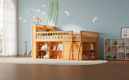 Natural Wood Loft Bed with LED Storage and Shelving for Kids Rooms for Bedroom