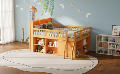 Natural Wood Loft Bed with LED Storage and Shelving for Kids Rooms for Bedroom