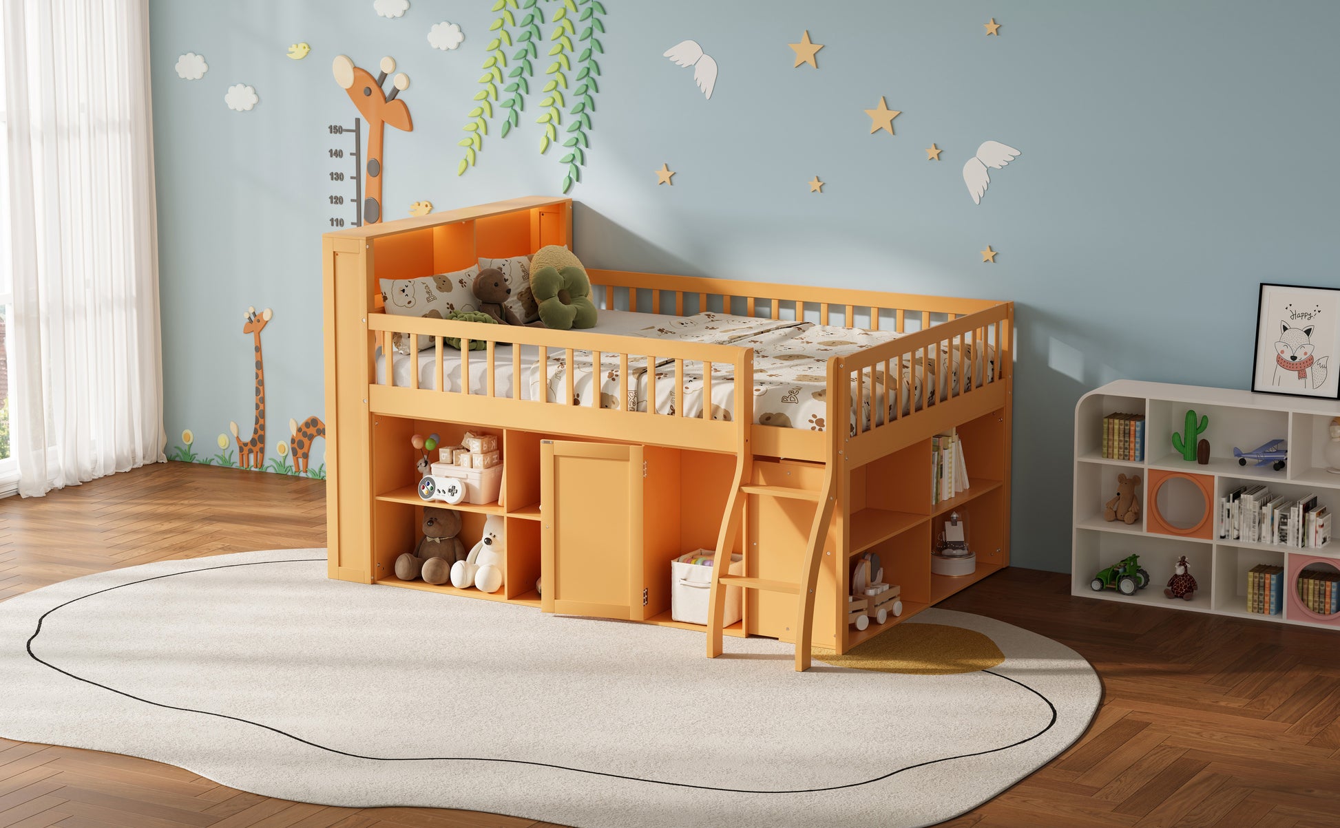 Natural Wood Loft Bed with LED Storage and Shelving for Kids Rooms for Bedroom