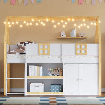 Twin Size Low Loft Bed with Storage Shelves