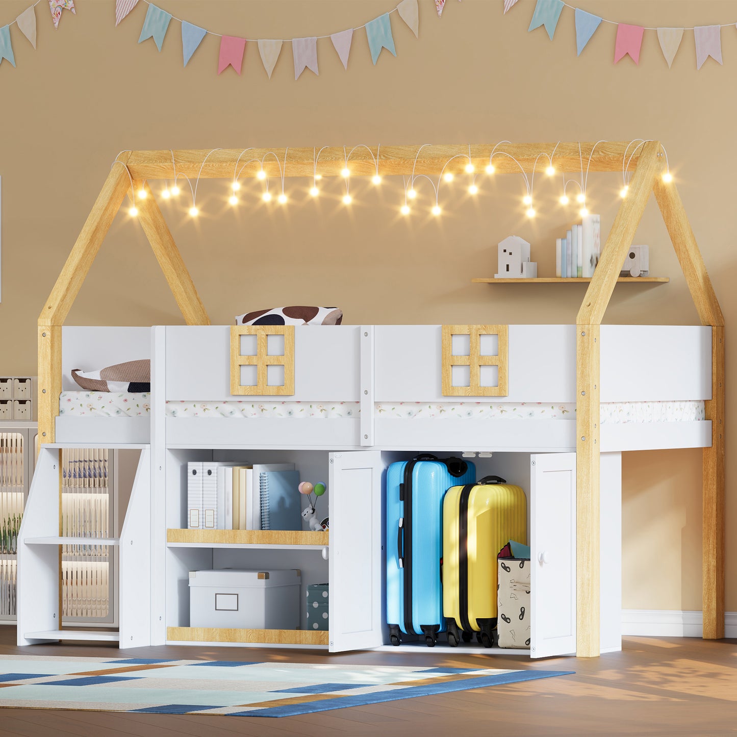 Twin Size Low Loft Bed with Storage Shelves