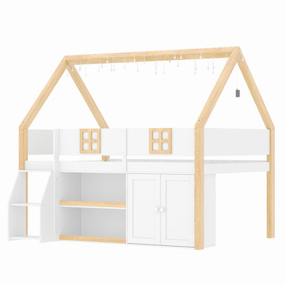 Twin Size Low Loft Bed with Storage Shelves