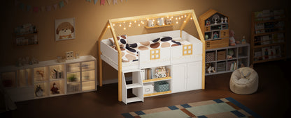 Twin Size Low Loft Bed with Storage Shelves