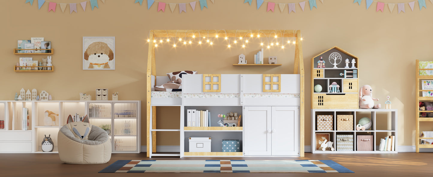 Twin Size Low Loft Bed with Storage Shelves