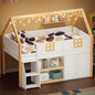 Twin-size low loft bed with Step Staircase, Shelving, Cabinets and LED lights, White and Natural