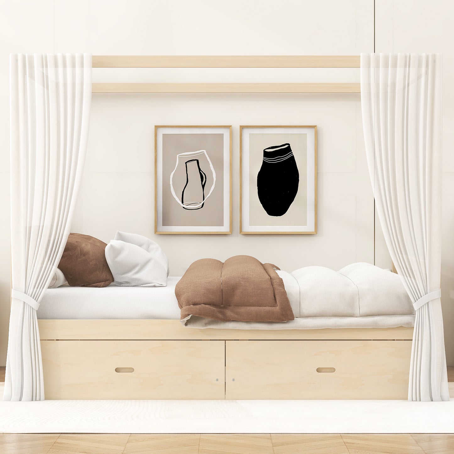Natural Wood King Bed with Storage Drawers, Elegant Canopy Frame for Bedroom
