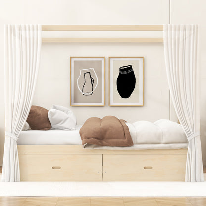 Natural Wood King Bed with Storage Drawers, Elegant Canopy Frame for Bedroom