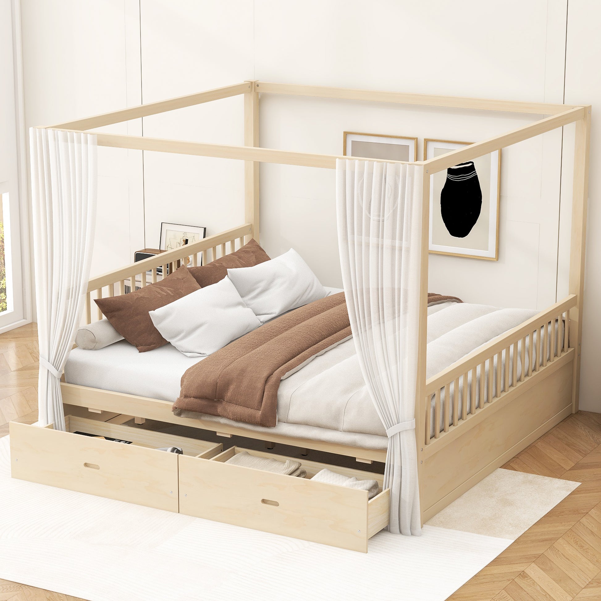 Natural Wood King Bed with Storage Drawers, Elegant Canopy Frame for Bedroom