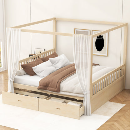 Natural Wood King Bed with Storage Drawers, Elegant Canopy Frame for Bedroom