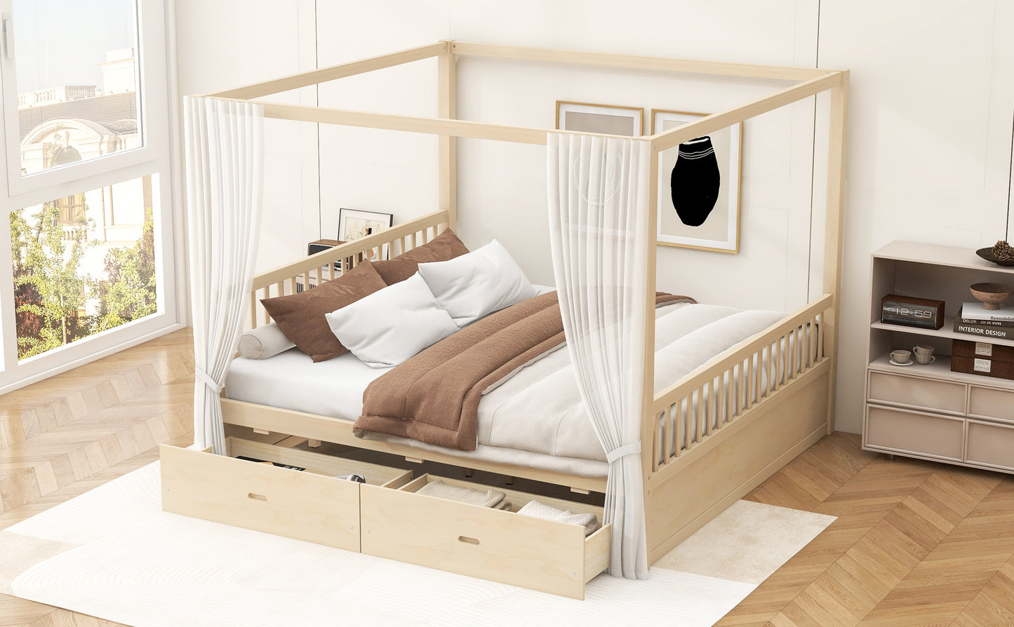 Natural Wood King Bed with Storage Drawers, Elegant Canopy Frame for Bedroom