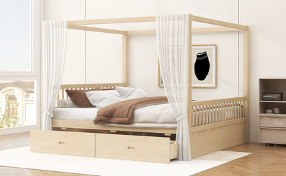 Natural Wood King Bed with Storage Drawers, Elegant Canopy Frame for Bedroom