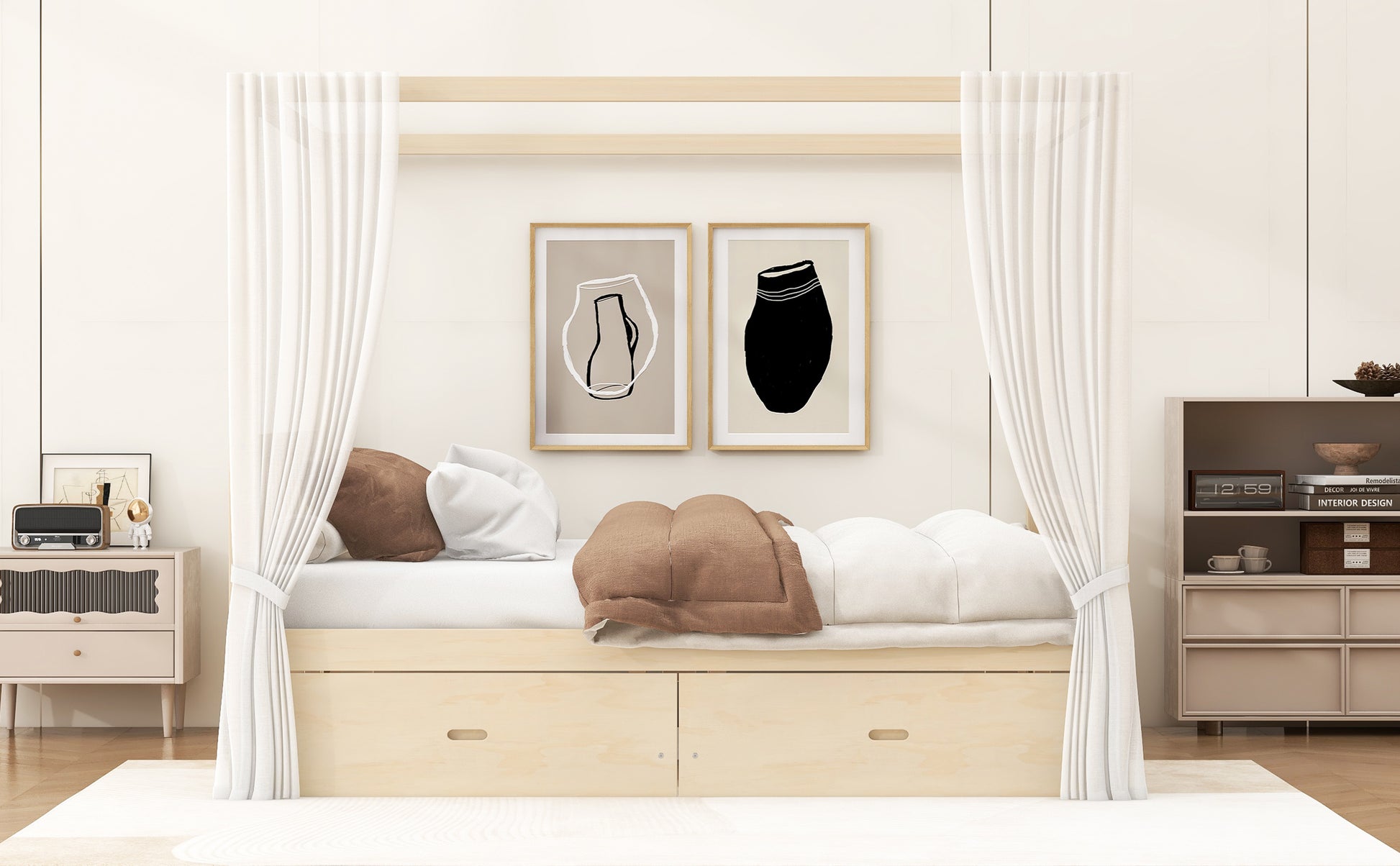 Natural Wood King Bed with Storage Drawers, Elegant Canopy Frame for Bedroom