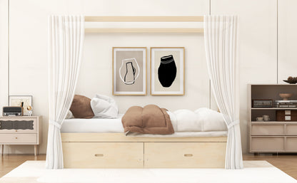 Natural Wood King Bed with Storage Drawers, Elegant Canopy Frame for Bedroom