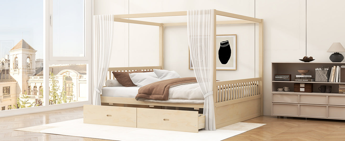 Natural Wood King Bed with Storage Drawers, Elegant Canopy Frame for Bedroom