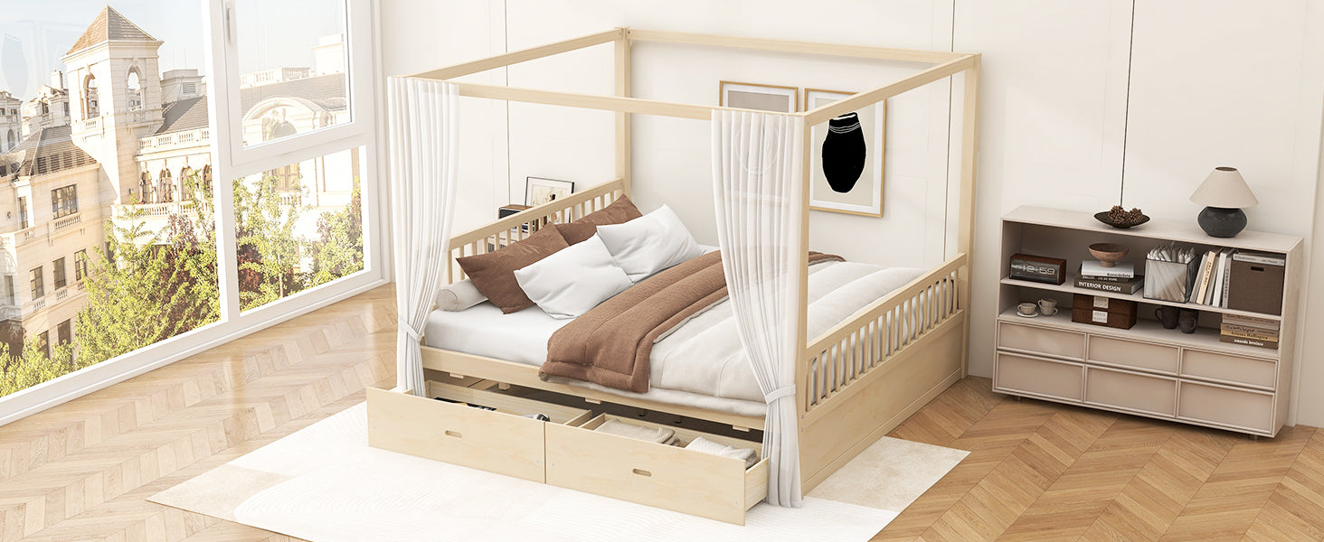 Natural Wood King Bed with Storage Drawers, Elegant Canopy Frame for Bedroom