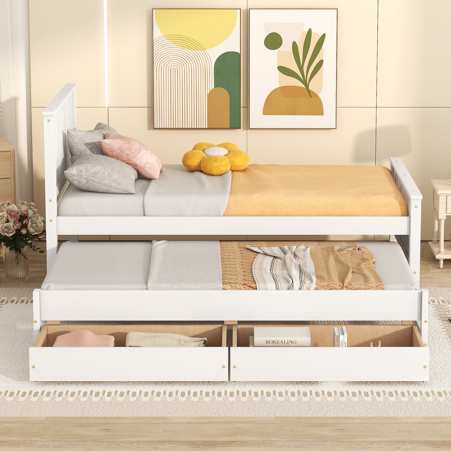 Twin Size Daybed with Trundle & Drawers - White Pine for Bedroom