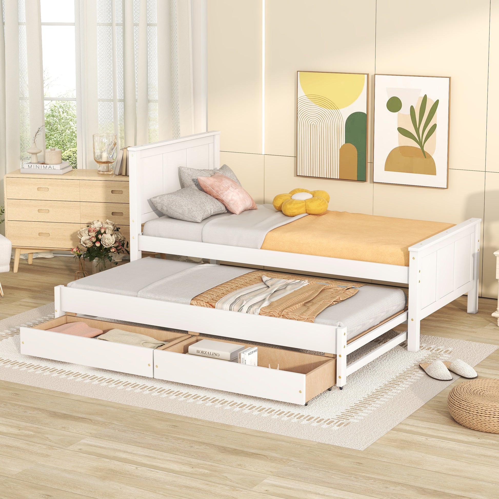 Twin Size Platform Bed with Trundle and Drawers, White(Old Sku:WF298815AAK)