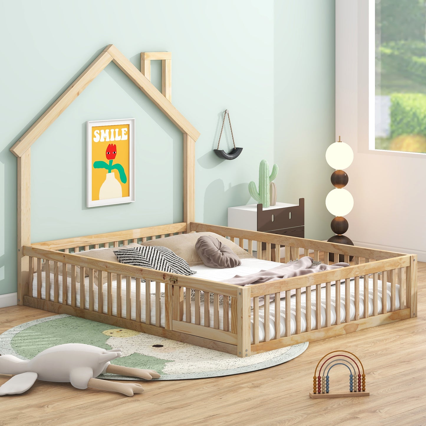 Full Size Wooden House Bed with Guardrails, Natural for Bedroom