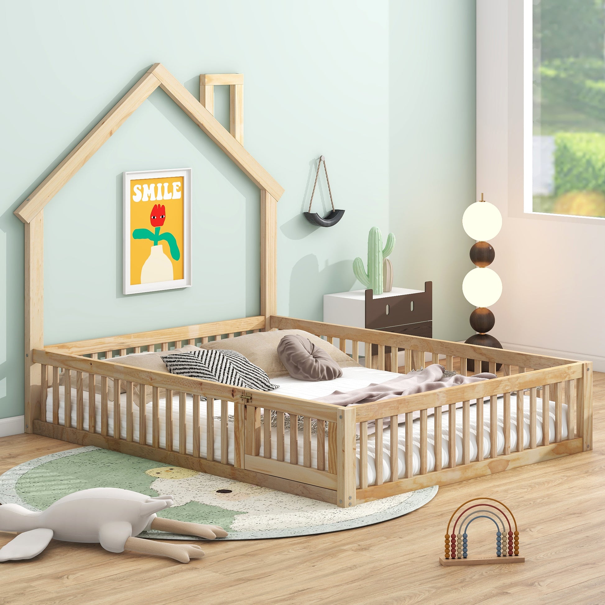 Full Size Wooden House Bed with Guardrails, Natural for Bedroom