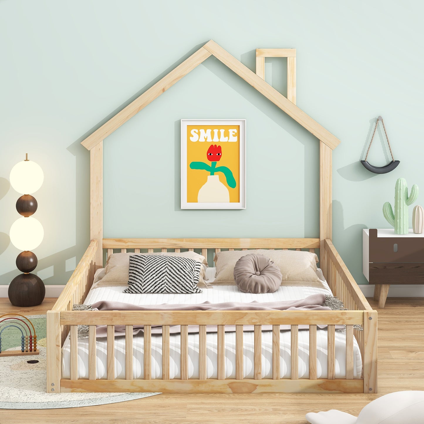 Full Size Wooden House Bed with Guardrails, Natural for Bedroom