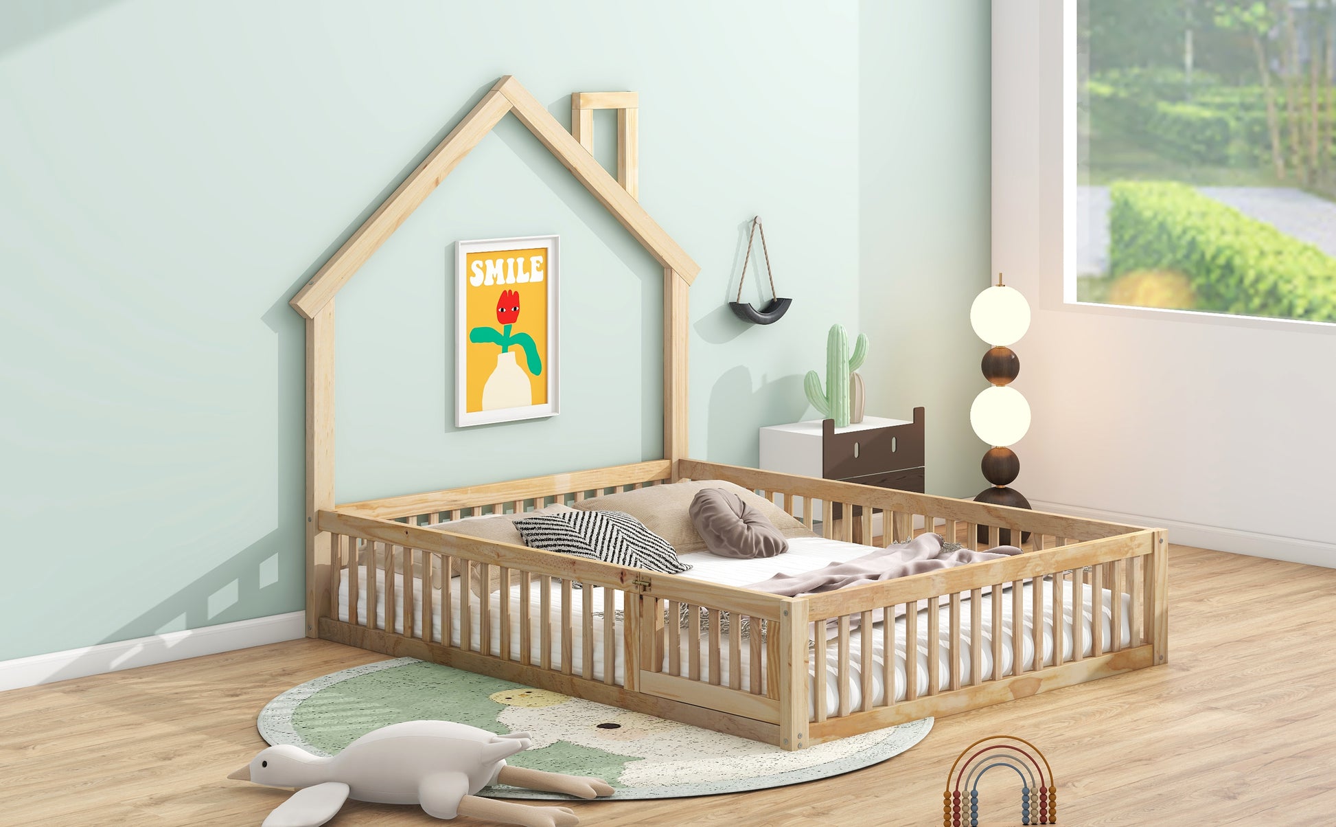 Full Size Wooden House Bed with Guardrails, Natural for Bedroom