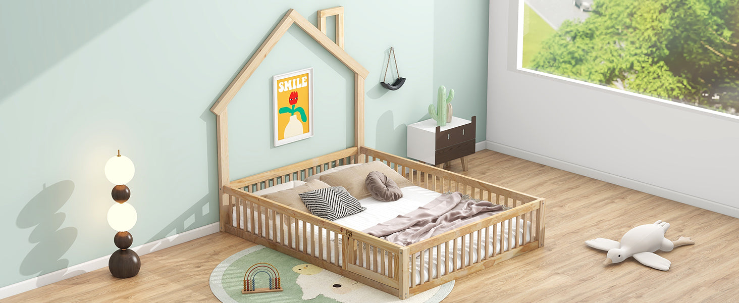 Full Size Wooden House Bed with Guardrails, Natural for Bedroom