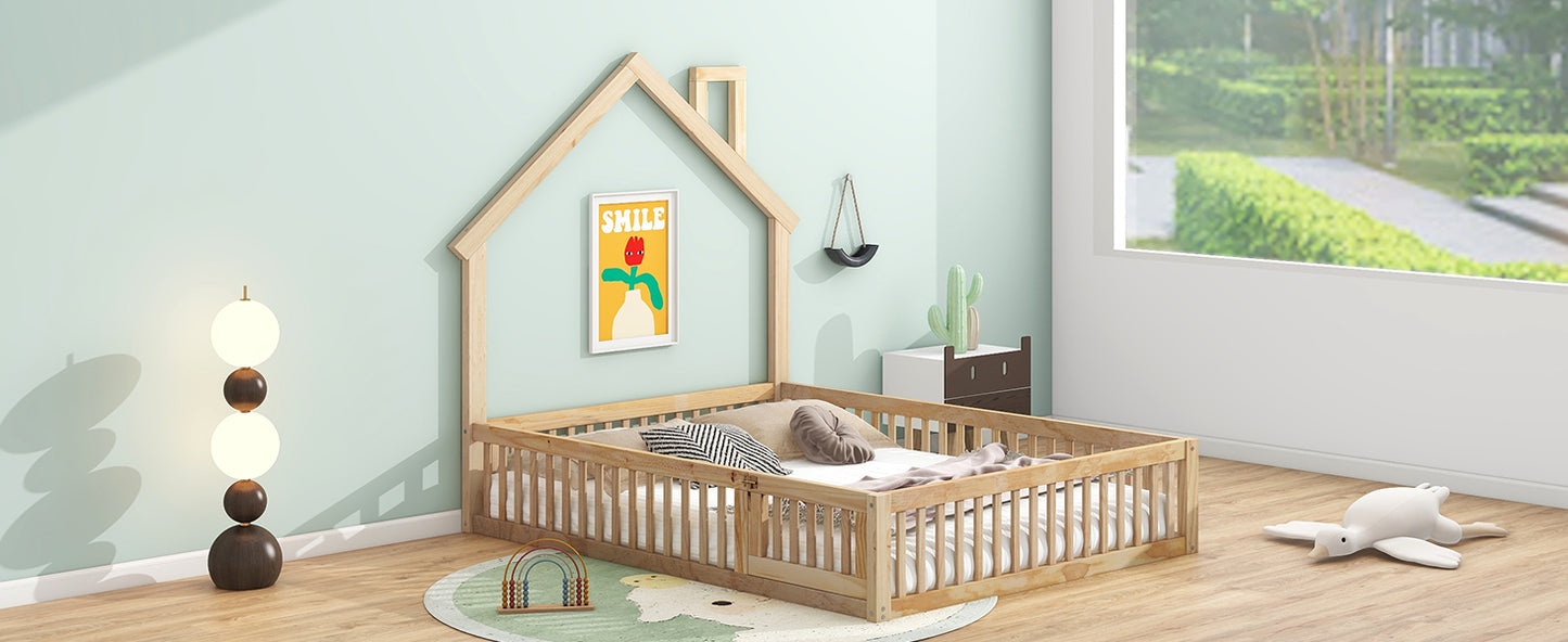Full Size Wooden House Bed with Guardrails, Natural for Bedroom