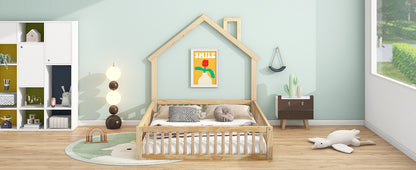 Full Size Wooden House Bed with Guardrails, Natural for Bedroom