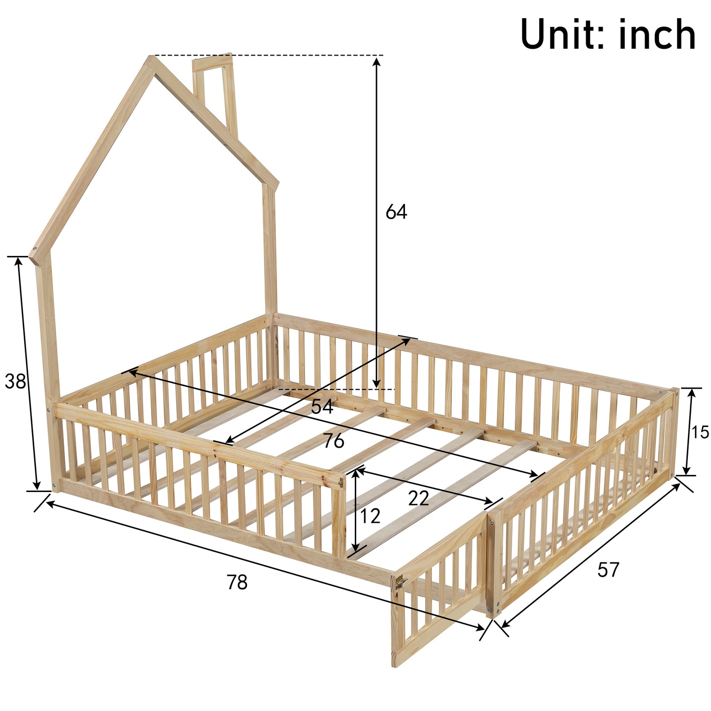 Full Size Wooden House Bed with Guardrails, Natural for Bedroom