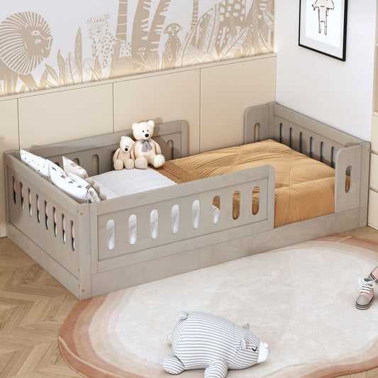 Wood Twin Size Platform Bed with Guardrail, Natural