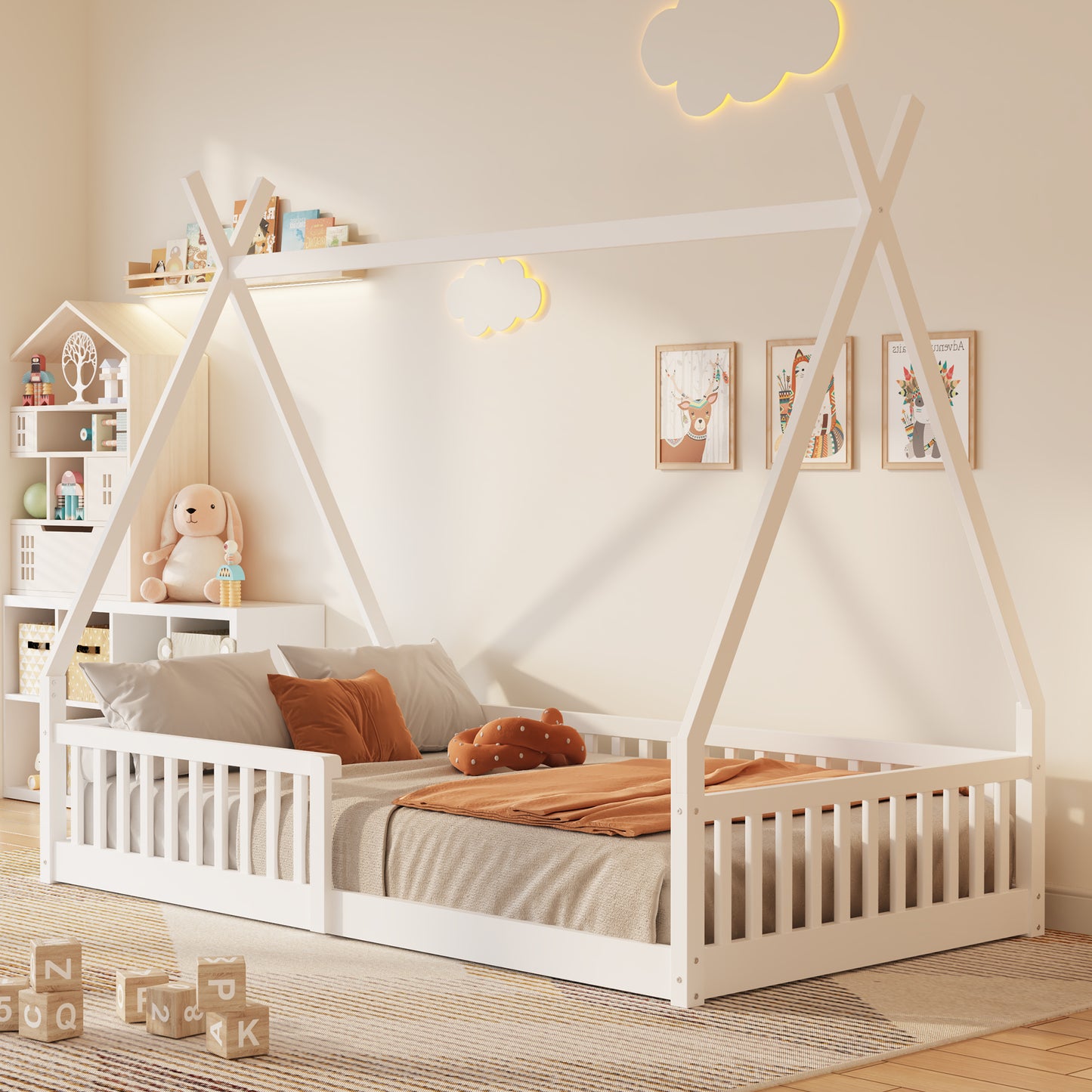 Twin Size Wood House Bed with Fence, White