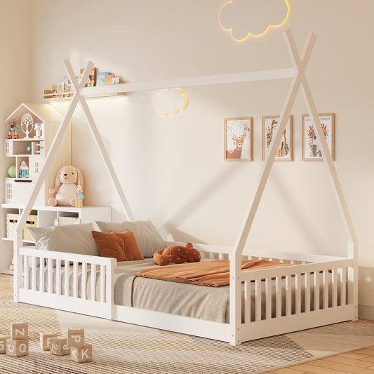 Twin Size Wood House Bed with Fence, White