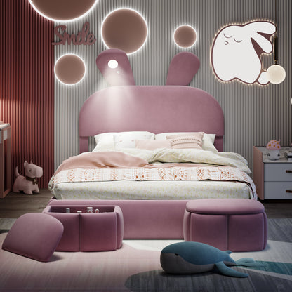 Full Size Upholstered Platform Bed with Cartoon Ears Shaped Headboard and Light, Pink