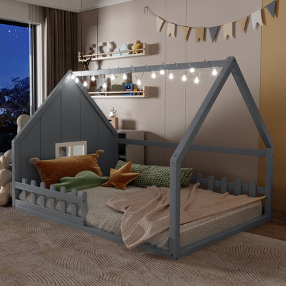 Full Size Gray Wood Bed Frame with Window and Fence for Bedroom