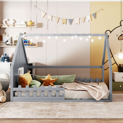 Full Size Gray Wood Bed Frame with Window and Fence for Bedroom