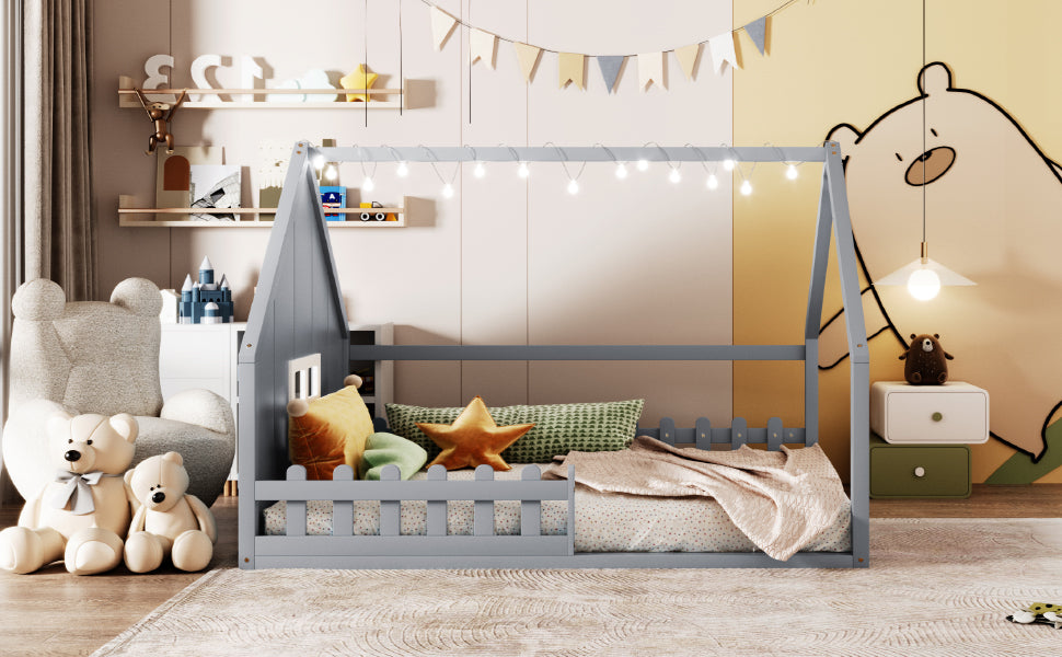 Full Size Gray Wood Bed Frame with Window and Fence for Bedroom