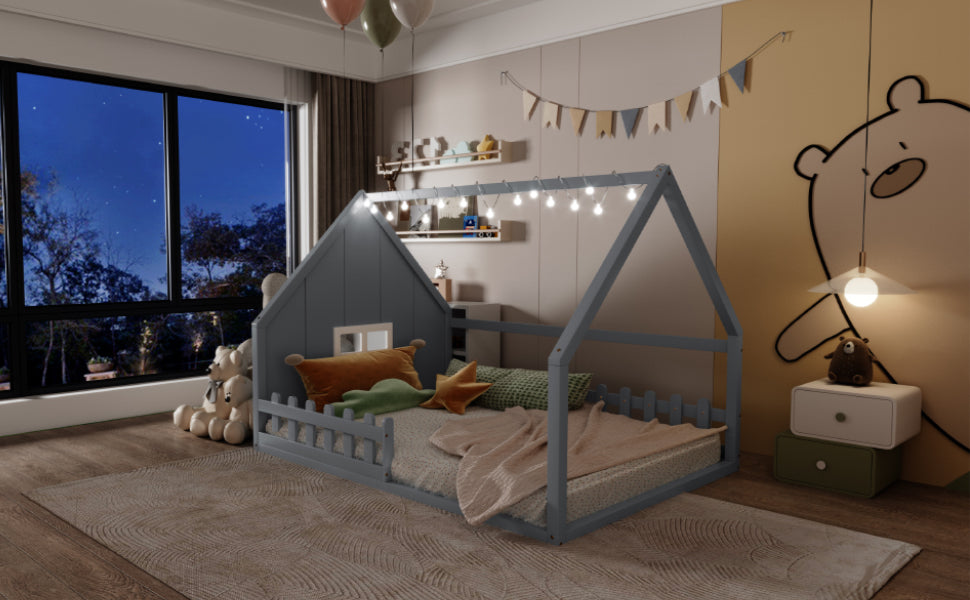 Full Size Gray Wood Bed Frame with Window and Fence for Bedroom