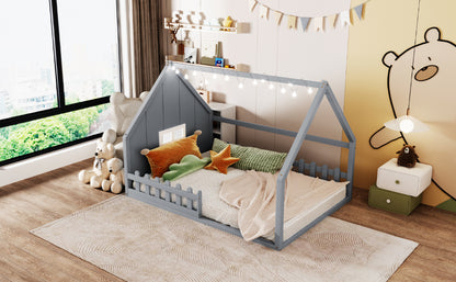 Full Size Gray Wood Bed Frame with Window and Fence for Bedroom